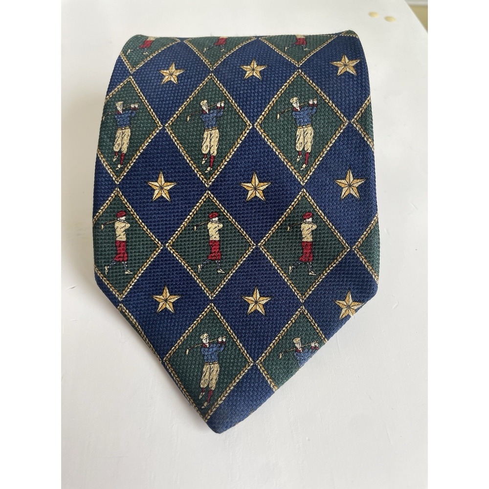 Tommy Hilfiger Green Blue Diamond Golfer Silk Tie Made‎ In USA 3.5"